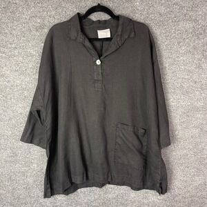 La FIXSUN Linen Tunic Shirt Top Charcoal Gray 3/4 Sleeve Button Neck S Oversized